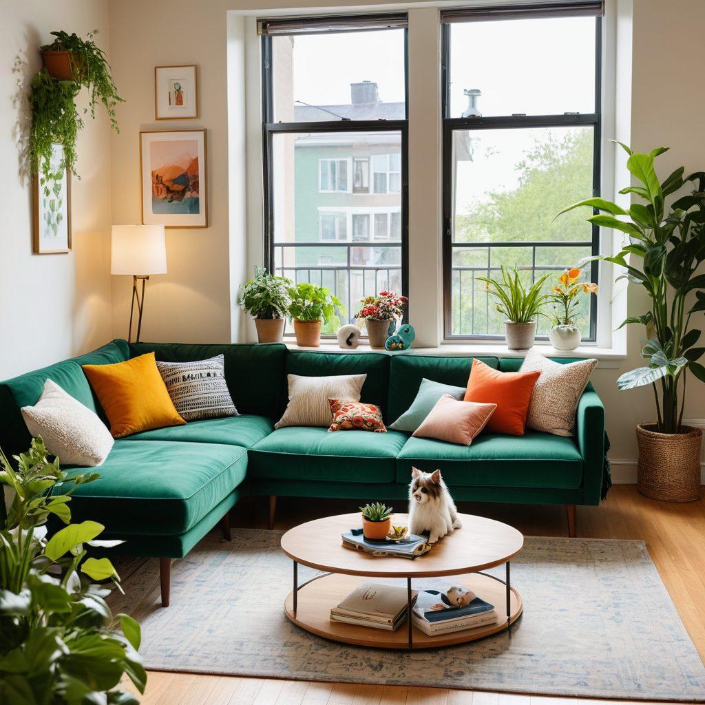 A cozy apartment interior with a welcoming vibe, featuring a dog and a cat lounging together on a plush couch. A vibrant, well-decorated living space with plants, pet toys, and a window showing a sunny day outside. Include a laptop on a table with rental listings visible on the screen. Captivate the essence of a pet-friendly home environment. super-realistic. vibrant colors.