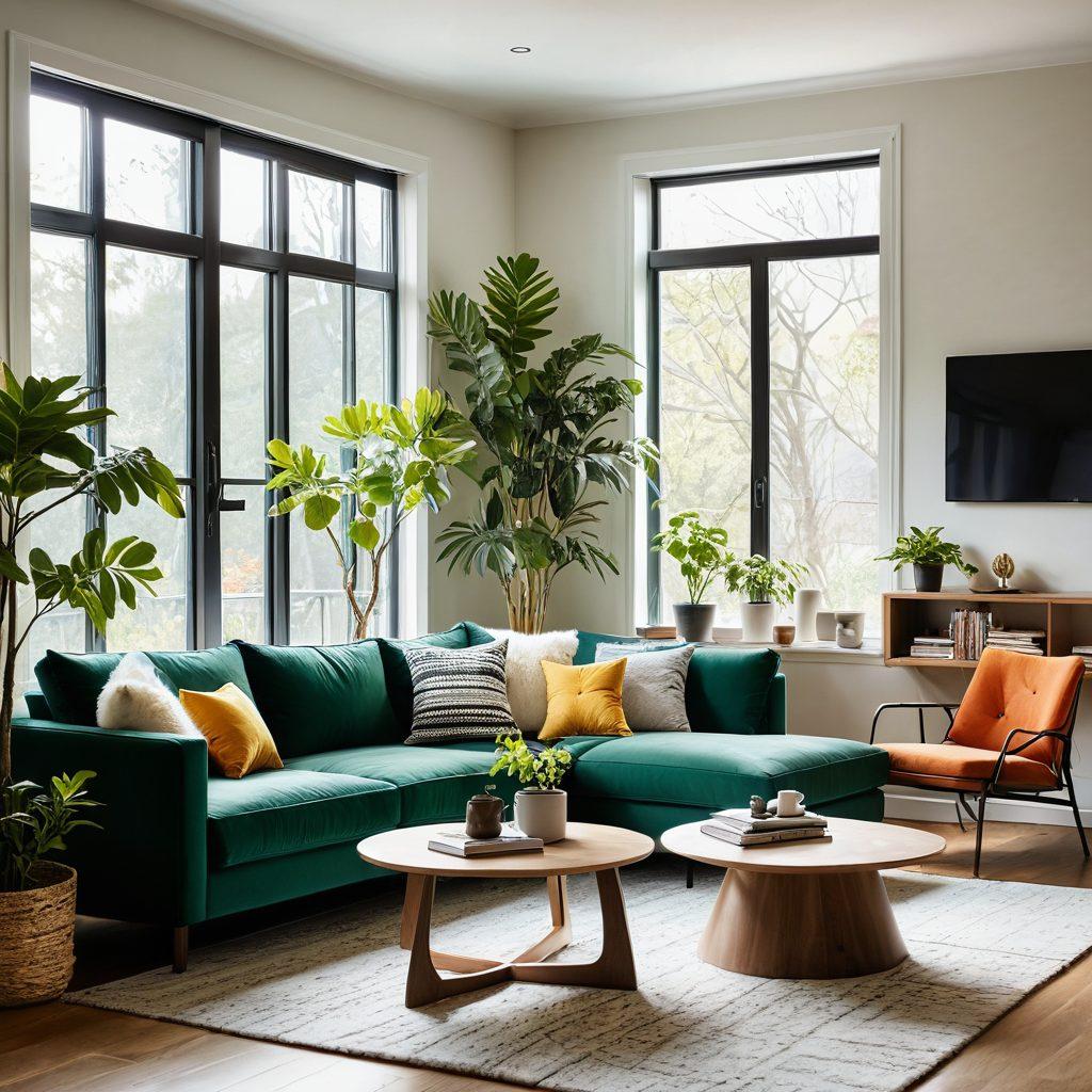 A cozy, modern apartment interior showcasing a stylish living space with pet-friendly elements like a dog bed and a cat tree. Bright windows letting in natural light, plants adding greenery, and a young couple happily discussing their budget with a laptop open on a coffee table. Include a sense of warmth and comfort in the environment. super-realistic. vibrant colors. airy atmosphere.