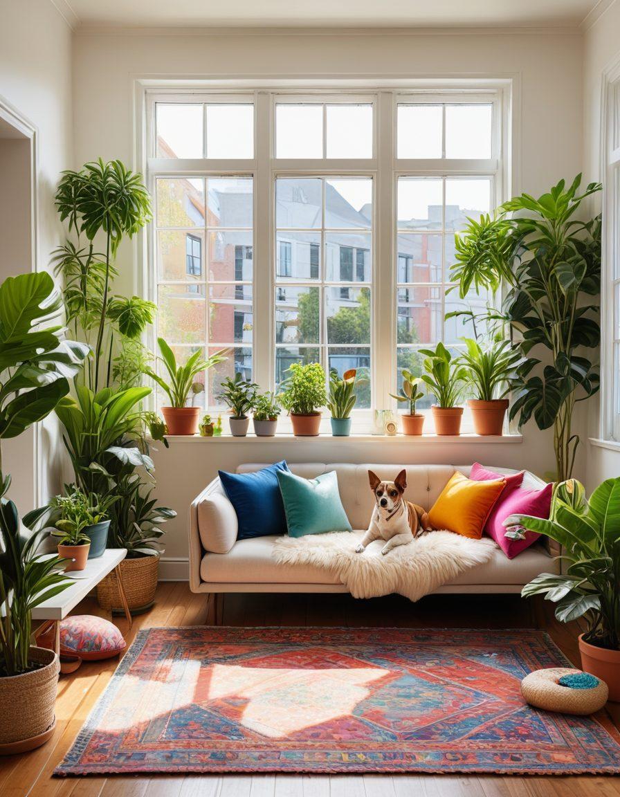 A warm, inviting living room showcasing a cozy corner with a pet bed, surrounded by affordable apartment decor. In the background, a window displays a sunny city view with lush greenery. A happy couple sits on the couch, with a playful dog nearby, symbolizing a pet-friendly environment. Include colorful houseplants and soft cushions for a homely touch. super-realistic. vibrant colors. bright and airy.